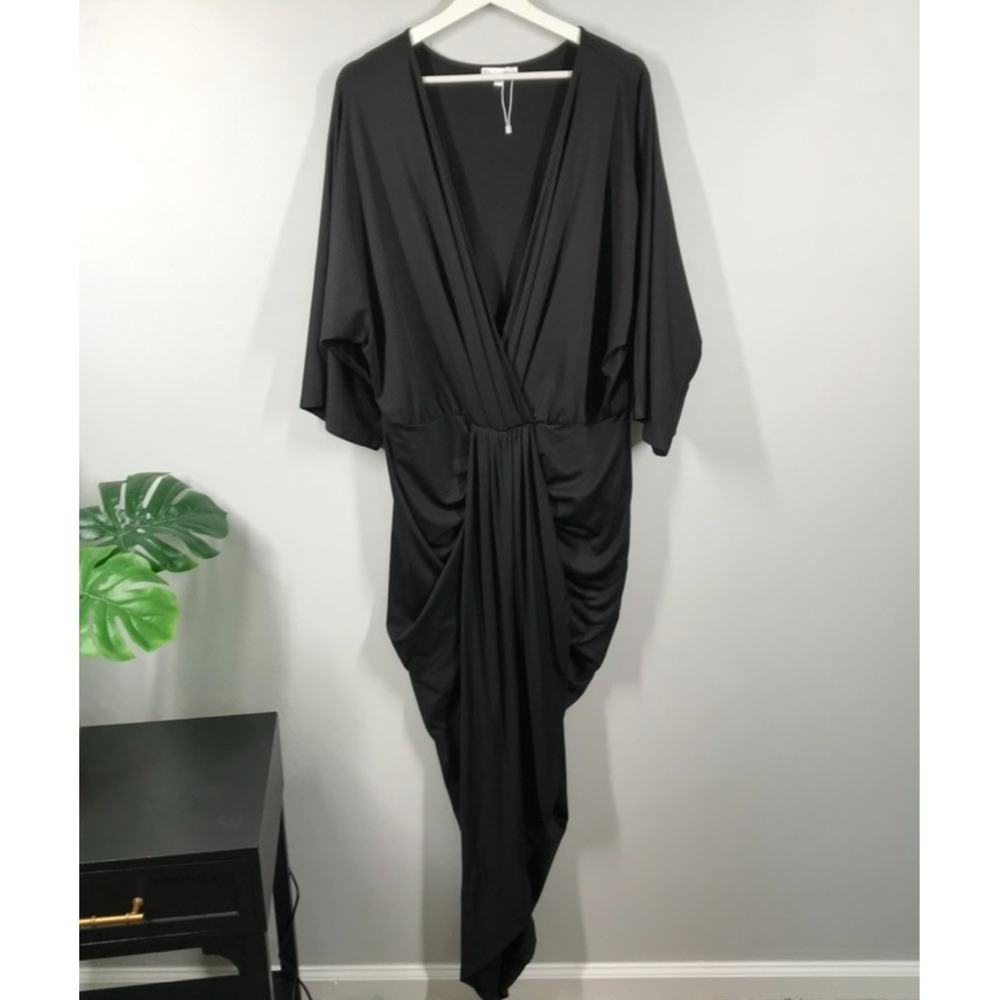 BALTIC BORN Dress Size 3X MIMI Black Ruched Faux Wrap Midi Draped - Picture 1 of 14